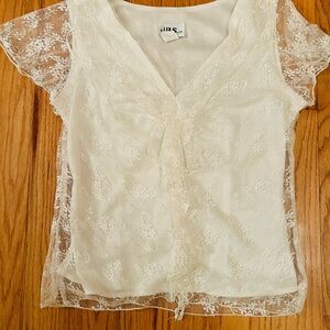 Vintage Y2K JBS Ltd Floral Lace Ruffled V-Neck Fairy Short Sleeve Blouse